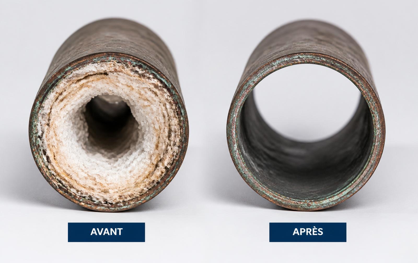 À gauche, un tuyau obstrué par le calcaire ; à droite, une conduite traitée dont le diamètre et le débit sont préservés.